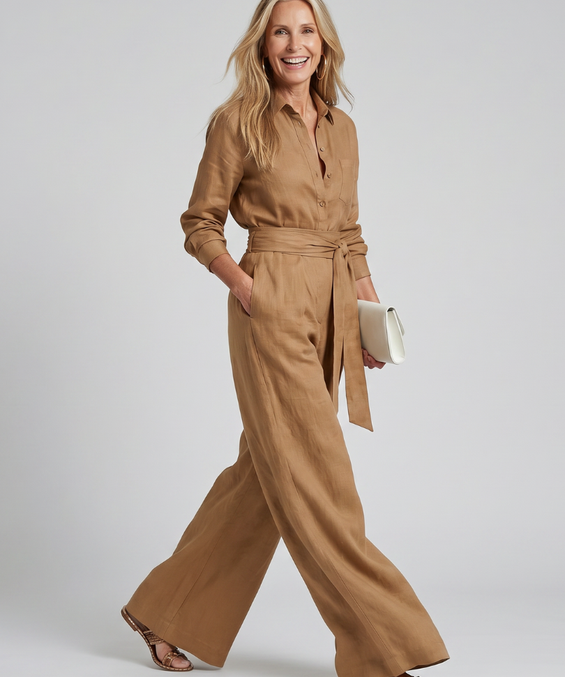 Camila - Long-Sleeve Wide-Leg Jumpsuit with Button Closure