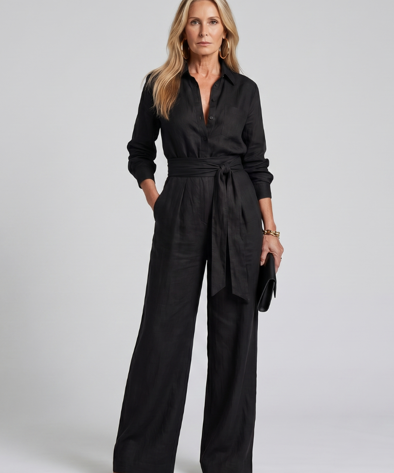 Camila - Long-Sleeve Wide-Leg Jumpsuit with Button Closure