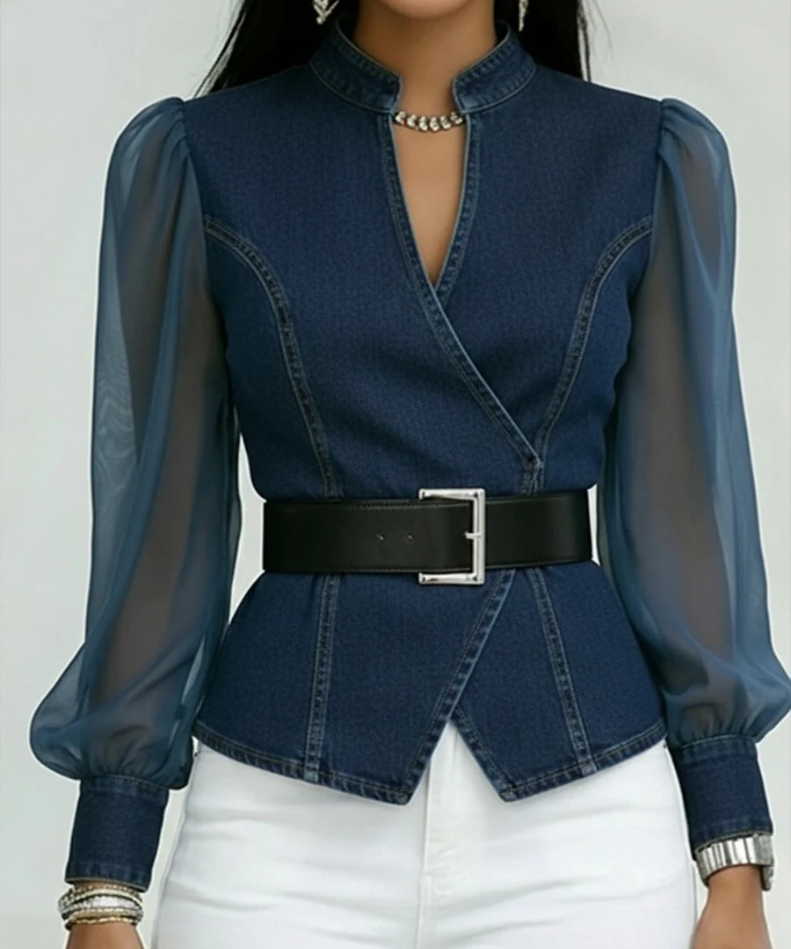 Alessia - Denim top with lightweight chiffon sleeves