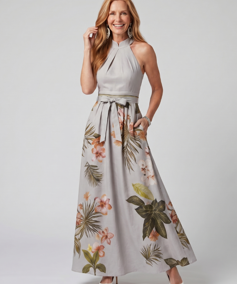 Sandra - Long Dress with Draped Halter Neckline and Botanical Panels