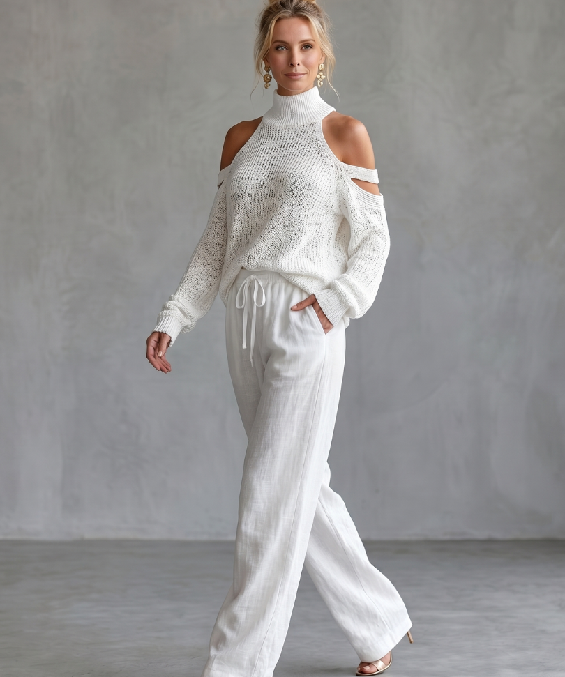 Laura - Open-Shoulder Knit Top and Wide-Leg Pants Set