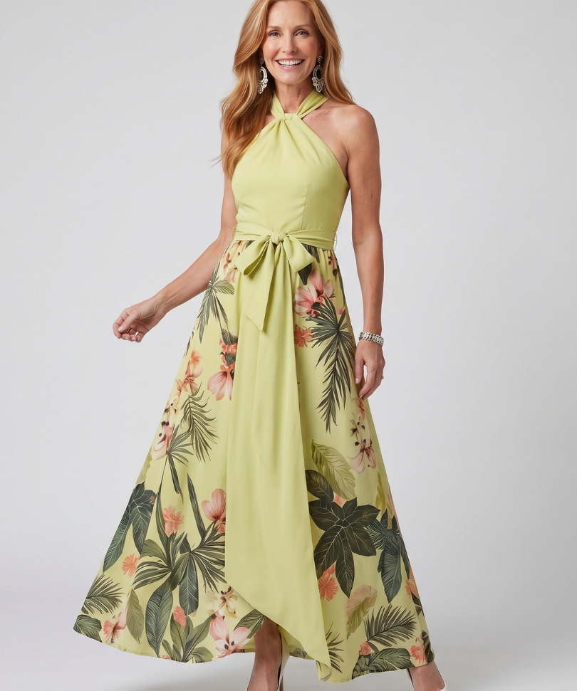 Sandra - Long Dress with Draped Halter Neckline and Botanical Panels