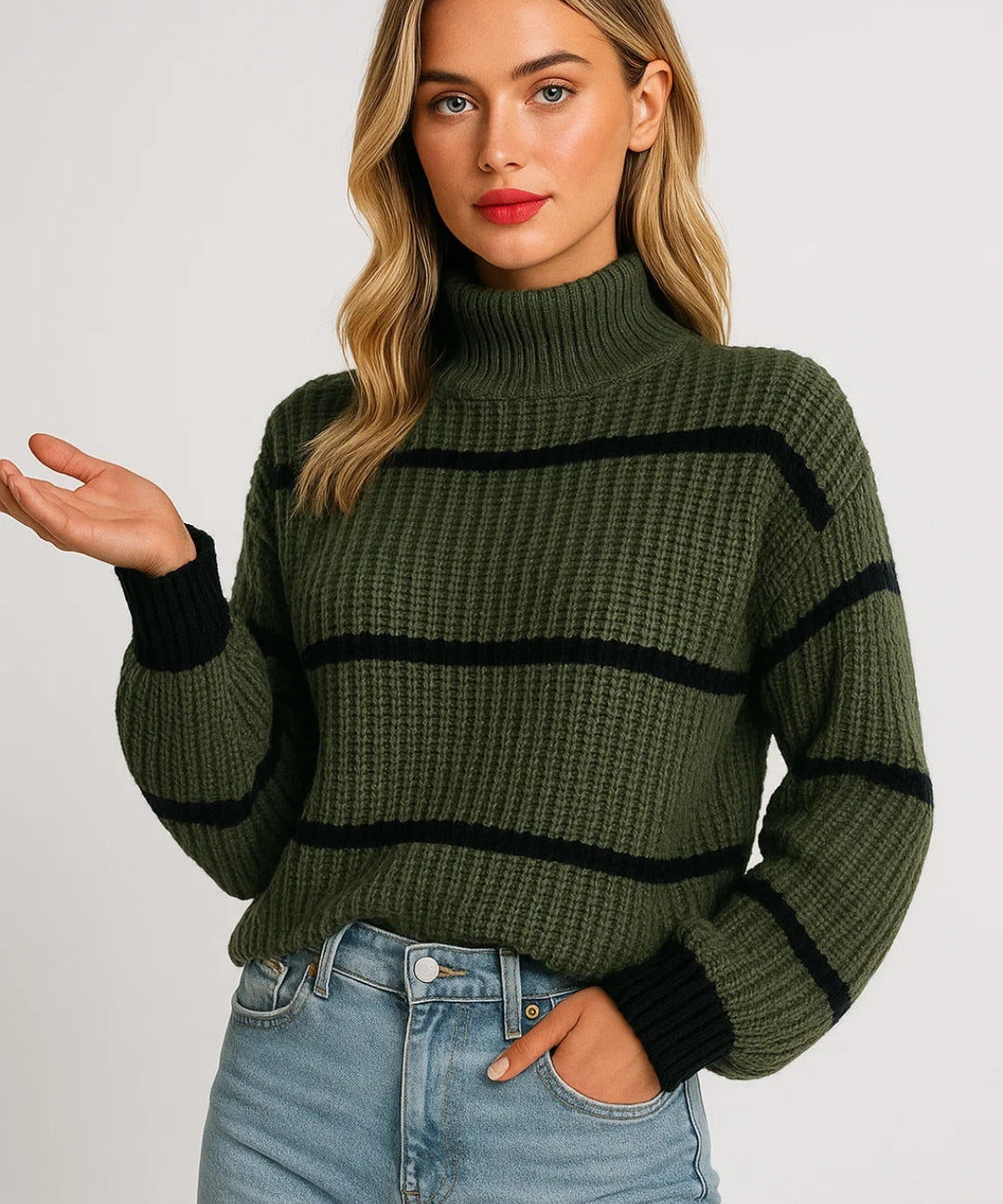 SERELLE STAND COLLAR STRIPED SWEATER