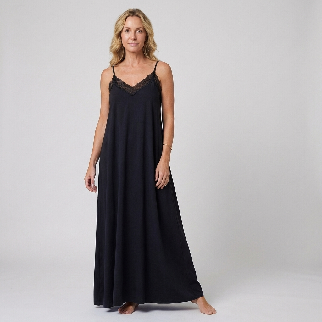 Azzurra – Women's Long Dress with Thin Straps and Lace Detail